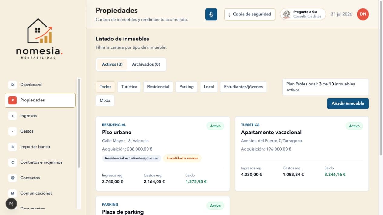Cartera de inmuebles ficticios organizada en NOMESIA RENT