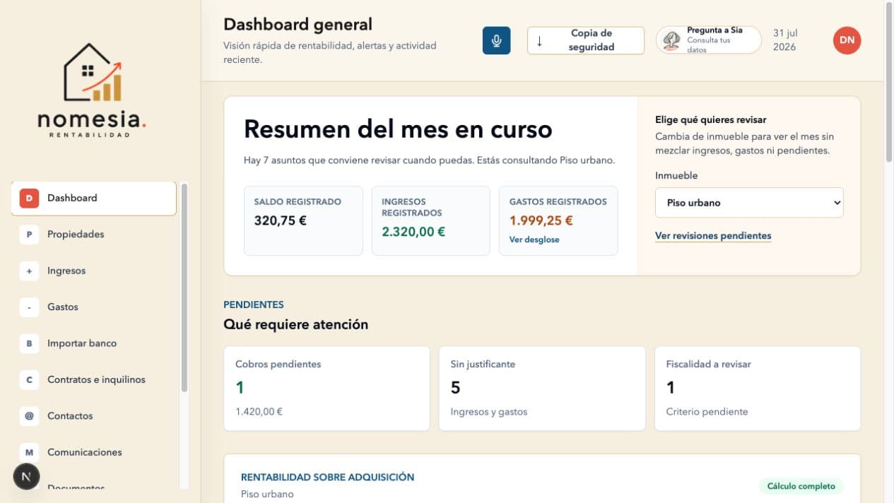 Panel de demostración de NOMESIA RENT con información ficticia