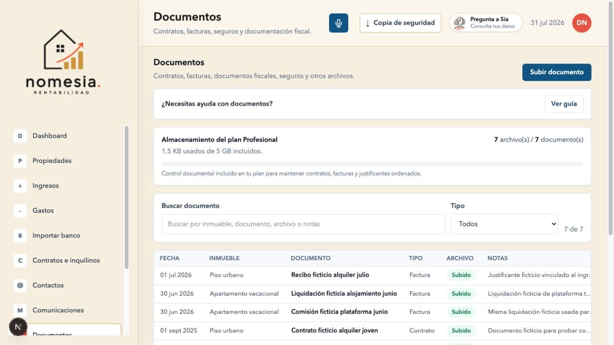 Documentos ficticios organizados en NOMESIA RENT